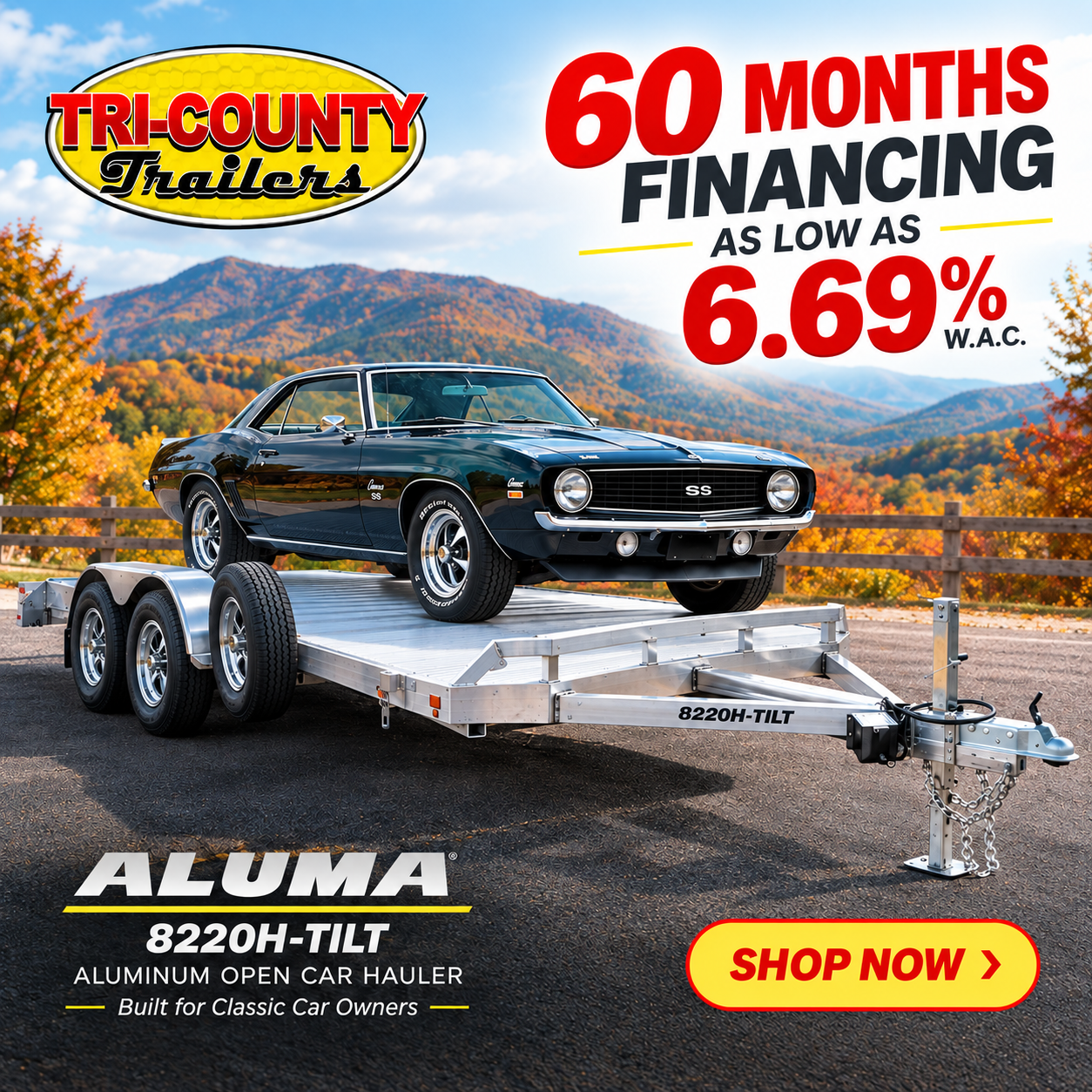 60 months financing as low as 6.69% W.A.C. on Aluma 8220H-TILT aluminum open car hauler